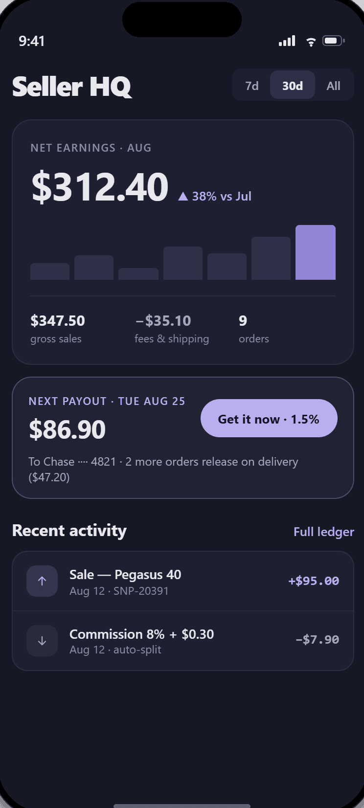 Seller HQ in the Kidsterr app: net earnings, the fees taken, and the amount on its way to your account