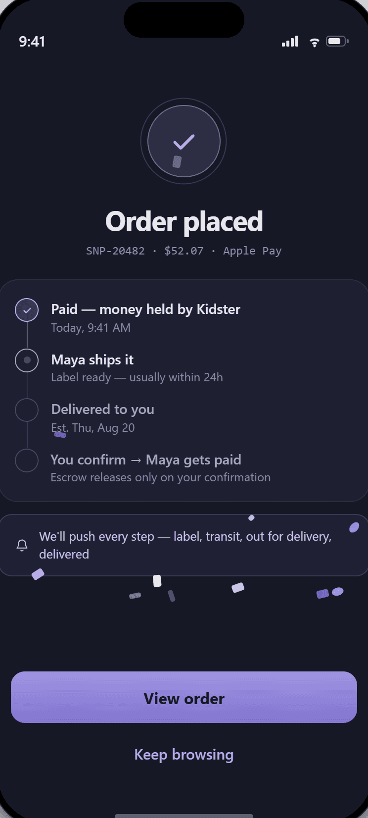 Kidsterr order screen — the buyer has paid and the money is held in escrow