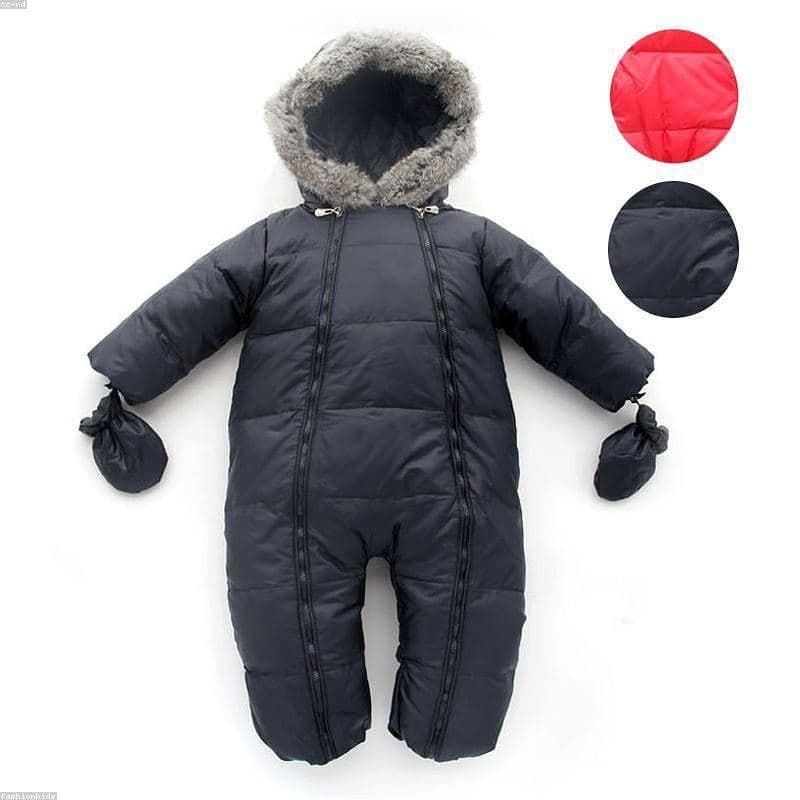 Baby down snowsuit with fur hood, black — 12-18m